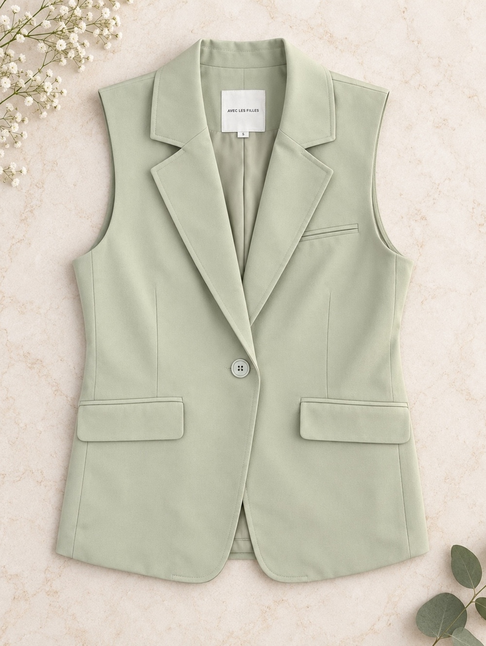 Avec Les Filles Sleeveless Blazer Light Green Small Tailored Vest
